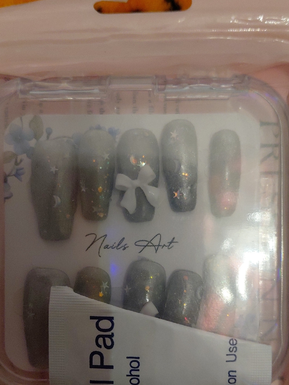 Press-On False Nails - Gray with White Bow